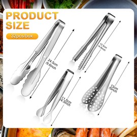 Mumufy 32 Pcs Mini Serving Tongs Buffet Serving Utensils Stainless Steel Small Tongs Catering Kitchen for Appetizer Tea Party Coffee Bar Food Ice Salad Barbecue Cookies Sugar, 4 Styles(Silver)