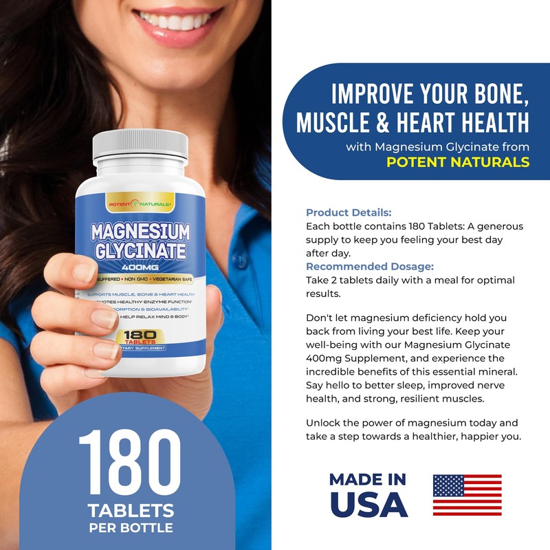 POTENT NATURALS Magnesium Glycinate 400mg 180 Tablets - Gentle Absorption