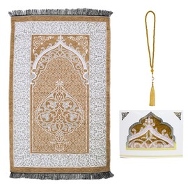 Kellegour Muslim Prayer Rug and Beads,Soft Islamic Carpet Mat,Soft Muslim Prayer Mat,Portable Muslim Prayer Rug,With Prayer Beads and White Square Gift Box,for Praying Men,Women,Kids (Brownish Yellow)