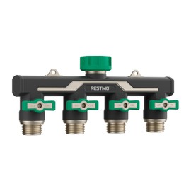 Restmo Heavy Duty Brass 4 Way Garden Hose Splitter, Full Metal Body Full Flow with Oversized Ball Valve, Extended Lever 3/4" GHT Outdoor Faucet Spigot Adapter for Garden Watering RV, Green