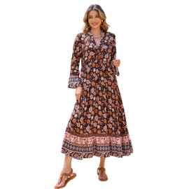 R.Vivimos Women's Boho Floral Print Midi Dress 2025 Long Sleeve V Neck Button Up Casual Loose Flowy Beach Long Dresses (Medium, Black)
