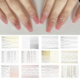 TOROKOM Metallic Nail Stickers, 12 Sheets Gold Silver 3D Wave Design, Self-Adhesive Strip Line Decals for Women Girls