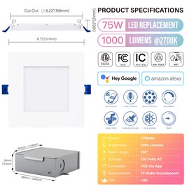 JULLISON 6" LED Smart Slim Recessed Pot Light, Square, WiFi APP & Voice Control, 120V, 13W, 1000LM, RGB + 2700K-6000K, ETL & FCC & IC Rated, Wet Location, Works With Alexa/Google Home, White - 4 Packs