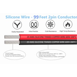 TUOFENG Elektrokabel 20 Gauge 30 m 2pin Silikon Draht Haken Draht Kabel weich und flexibel 100 Stränge 0,08 mm verzinnt Kupferdraht Hohe Temperaturbeständigkeit