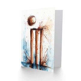 Artery8 Birthday Card Cricket Ball Wicket Watercolour Painting For Him Man Male Dad Brother Son Papa Grandad Greeting Card