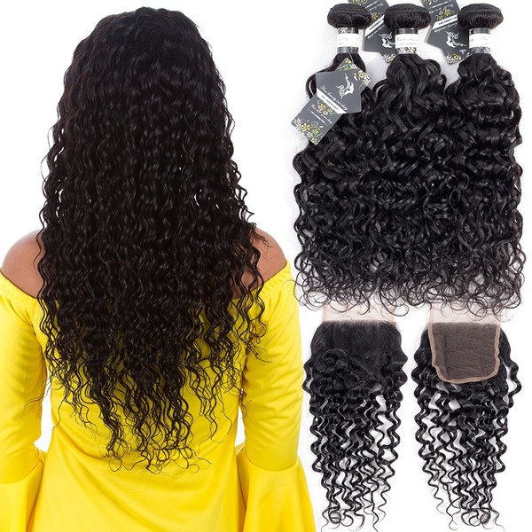 Wingirl Brazilian Water Wave Bundles With Closure Human Hair Weave 3 Bundles with Closure Natural Color (14 16 16+12)