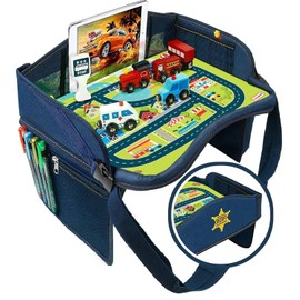 Coolmum Kids Travel Tray, Toddler Car Seat Tray, Double Sided Activity Organizer, Snack Lap Table, Baby Stroller Tray, Airplane Play Table, Waterproof and Foldable (Premium Blue)