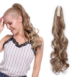 Silk-co Claw on Ponytail Extensions Synthetic Clip in Hairpiece Pony Tail Extension Long Big Wavy Curly [24 inch Light Brown&Blond]