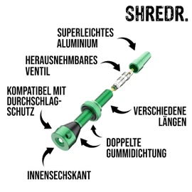 Shredr. Tubeless Valve Set | Presta Valves for Tubeless Tyres | Super Light Aluminium Colourful Anodised French Valve | Includes Valve Adapter, Replacement Valve and Tool (Green, 44 mm)