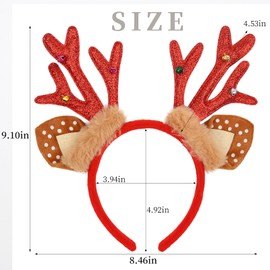 Gaduupa Christmas Headbands for Women Reindeer Antlers Headband Glitter Elk Antlers Hair Hoop Christmas Costume Hair Accessory Christmas Cosplay Party Supplies(Red)