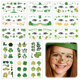 ARTGUTS 15pcs St. Patrick's Day Tattoos, Temporary Clover Face & Body Tattoos, St Patricks Day Costume Party, Glitter Tattoo Stickers for Adults & Children, Irish Decorative Accessories