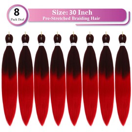 Ombre Red Braiding Hair Pre Stretched 30 Inches EZ Braiding Hair Yaki Texture 8 Packs/Lot Braid Hot Water Setting Professional Synthetic Braiding Hair Extensions (8pcs,30",#1b/red)