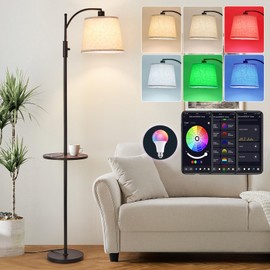 AIDENOEY Smart Floor Lamp with Side Table | Stepless Dimming, RGB Multi-Color | Adjustable Swivel Head | Voice Control with Alexa & Google Assistant |Black Lamp for Living Room,Bedroom,Home Office