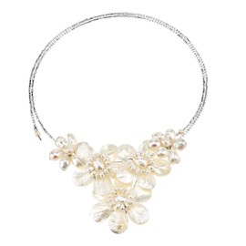 AeraVida Ocean Bouquet White Mother of Pearl and Cultured Freshwater Pearl Floral Choker Wrap Necklace