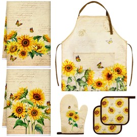 Bencailor 6 Pcs Kitchen Towels Oven Mitt and Pot Holder Apron Mushroom Sunflower Rooster Kitchen Decor Valentine Party Gifts