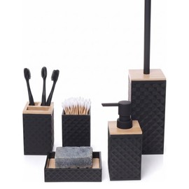 Set de Accesorios para Baño 5 Piezas con Detalles en Bambú Diseño Geométrico Texturizado  Incluye Escobilla, Dispensador, Vaso, Porta Cepillos y
