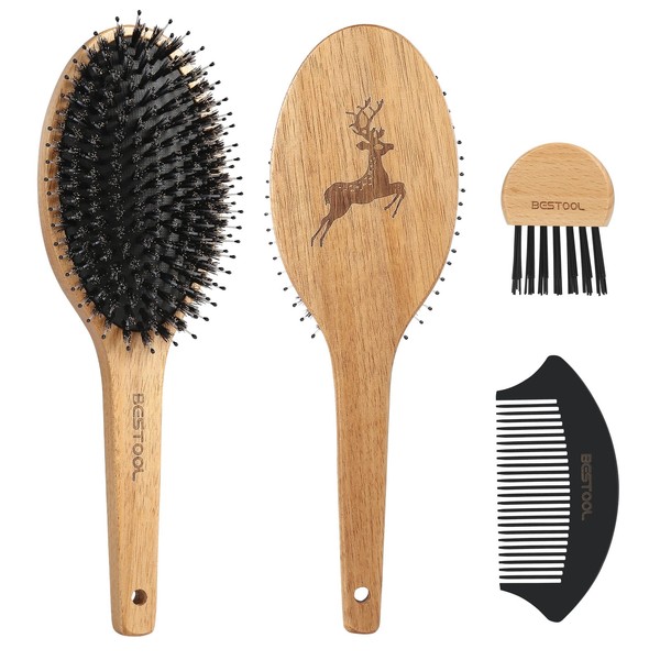 BESTOOL Hair Brush, Boar Bristle Brush with Nylon Pins for Women, Men, Children, Wooden Hair Brush for All Wet, Dry Hair, Massage, Detangling, Smoothing (Carved Deer)