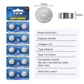 YKM 10 Pack LR41 Button Batteries AG3 L736f L736c L736 392 192 1.5V Alkaline Batteries for Thermometer Watch Battery