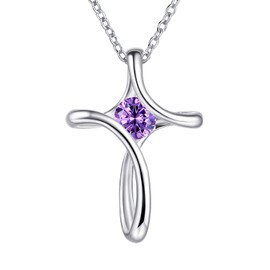 NINAMAID Sterling Silver Cross Necklace, 925 Birthstone Necklace for Women with Diamond Sideways Cross, Birthday Gifts for Her