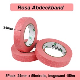 BOMEI PACK 3 Rolls Pink Painter's Tape 24 mm x 50 m Premium Crepe Paper Masking Tape for Painting, Crafts and DIY - Professional Painter's Tape, UV-Resistant, Residue-Free and Easy to Remove