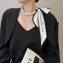 LumiSyne Silk Scarf Necklace Women Narrow Long Neckerchief With Pearl Necklace Flower Stripe Pattern Headdress Hair Ribbon