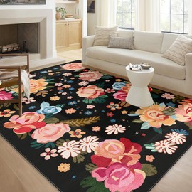Castage 5x7 Area Rugs Black Floral Washable Rug for Living Room Bedroom Kitchen,Large Boho Vintage Bohemian Farmhouse Distressed Oriental Carpet Non Slip,Colorful