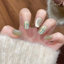 ネイルチップ 24枚セット くり返し使える ショート 大人かわいいミニマルデザイン オフィス/デート用 簡単リムーバブル 猫の目石ネイル シェル