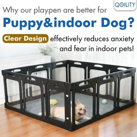 Qoility Clear Acrylic Dog Playpen with Door for Puppies & Small Dogs, 8 Panels, Black