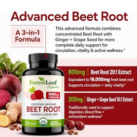 Forestleaf Cápsulas Raíz Remolacha Orgánica Jengibre Semilla Uva 16000mg Fuerza Extracto Apoya Producción Óxido Nítrico Suplementos Polvo Remo