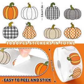 Whaline 1000Pcs Fall Thanksgiving Pumpkin Stickers Roll Pumpkin Shaped Decals Colorful Buffalo Plaid Pumpkin Pattern Self-Adhesive Sticker Autumn Sealing Labels for Fall Harvest Party Supply, 8 Design