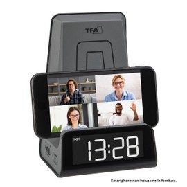 TFA Dostmann ICONcharge 60.2033.10 2-in-1 Inductive Charging Station for Smartphones, Wireless Charging, with Alarm Function, USB Charging Function, Holder for Video Calls, LED Light Numerals,