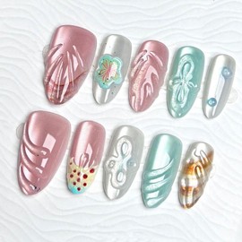 Colorful Flowers Press on Nails Medium Almond Fake Nails Shiny Cat Eye False Nails with Water Ripples Designs Acrylic Nails 3D Texture Flower Stick on Nails Glossy Full Cover Nails for Women 30Pcs