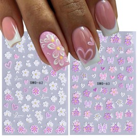 2 Sheets Spring Flower Nail Art Stickers Decals 5D Embossed Nail Decals Self-Adhesive Daisy Butterfly Heart Nail Design Summer Cherry Blossoms Nail Supplies Accessories for Women Girls Nail Decoration