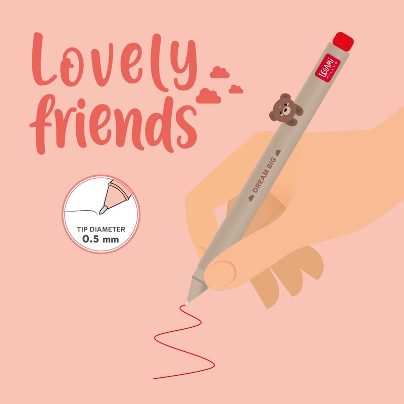 Legami - Gel Pen with Decorative Animal, Prevents Rolling, Red