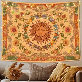 Accnicc Yellow Sun and Moon Tapestry Vintage Indie Boho Tapestry Wall Hanging with Sunflowers Butterfly Moth Constellation Aesthetic Wall Tapestries for Bedroom Dorm Living Room (Orange, 48'' × 36'')