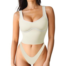 SUUKSESS Women Sweetheart Neckline Longline Sports Bra Padded Basic Workout Crop Tank Top (Cream, L)