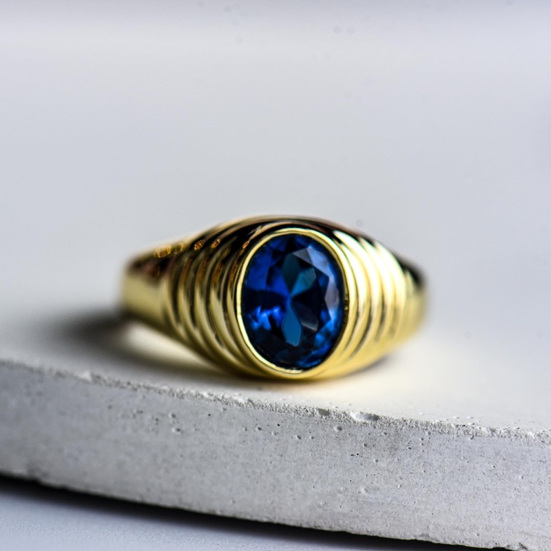 Aurelia Mae Womens Chunky Gold Ring | Sapphire Oval Cubic