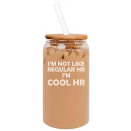 MIP 16oz Can Shaped Glass Iced Coffee Cup with Bamboo Lid and Straw Gift I'm Not Like Regular HR I'm Cool HR Funny Human Resources