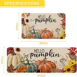 Hello Fall Kitchen Mat Set of 2, Thanksgiving Pumpkin Kitchen Rug, Holiday Creative Decorative Anti Fatigue Waterproof Stain Resistant Floor Rug Non Slip Cushioned Floor Mat - 17x29 and 17x47 Inch
