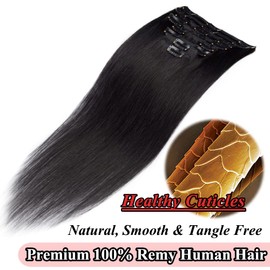 MY-LADY Clip in Hair Extensions Human Hair Balayage 100% Real Remy Human Hair 8pcs Weft Full Head Silky Straight for Women 22 Inch 85g #1 Jet Black