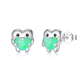 Tooth Earrings 925 Sterling Silver Heart Tooth Stud Opal Earrings Tooth Jewelry for Women