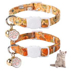 Paquete de 2 collar de gatito con campana, estilo único, patas de Halloween para gato con hebilla separada, collar ajustable para gato con linda calabaza, patrón de hamburguesa, regalo ideal para