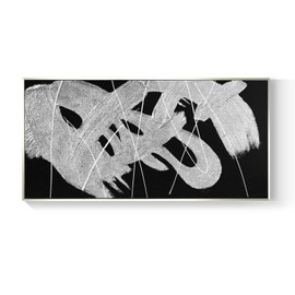 White and black abstract handmade texture wall art, gold frame 3D plaster artwork for living room bedroom 24X48 inches modern home wall decoration