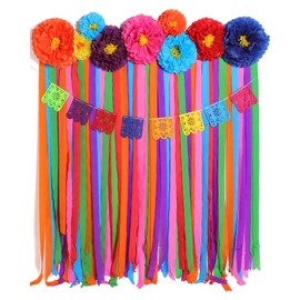 TaoBary 16 Pcs Mexican Paper Flowers Mexican Party Decorations Streamer Backdrop and Papel Picado Banner Mexico Fiesta Party Decorations Supplies Set for Cinco De Mayo Party Wedding (Bright Style)