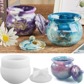 IKOJING - Molde redondo de resina de silicona, tarro de vela con tapa, moldes de resina de fundición para caja de almacenamiento de joyas, alcancía, contenedor de caramelos, decoración de mesa, molde