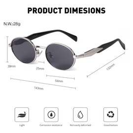 ADEWU Sunglasses Women's Oval Vintage Retro UV400 Protection Sunglasses Men Metal Frame, Black/silver-grey