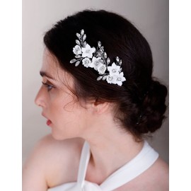 Chargances 3pcs Crystal White Flower Hair Pins Bridal Silver Rhinestone Hair Pins Handmade Wedding Hair Accessories for Women Girls Bridesmaids (Silver)