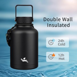 Konokyo Insulated Water Bottle with Straw,50 oz 3 Lids Water Jug with Carrying Bag,Paracord Handle,Double Wall Vacuum Stainless Steel Metal Flask,Black