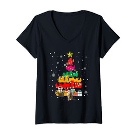 Womens Santa Cat Christmas Tree Present Boxes Cats Shape Lover V-Neck T-Shirt