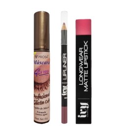 Kit de Maquillaje Profesional, Rímel Prosa con Cepillo de Silicona Cafe Resistente al Agua, Labial Mate Ivy de Larga Duración y Delineador Lapiz de Labios Ivy (Super Model)